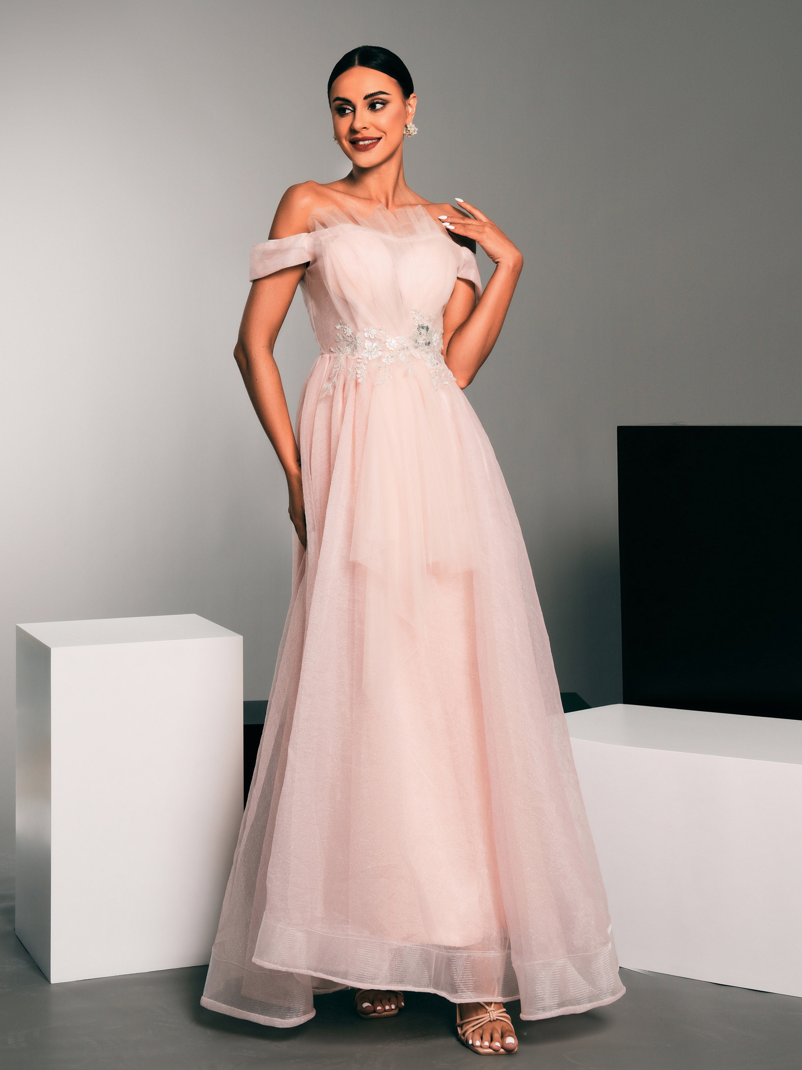 MISSORD Off Shoulder Folds Embodied Tulle Dress