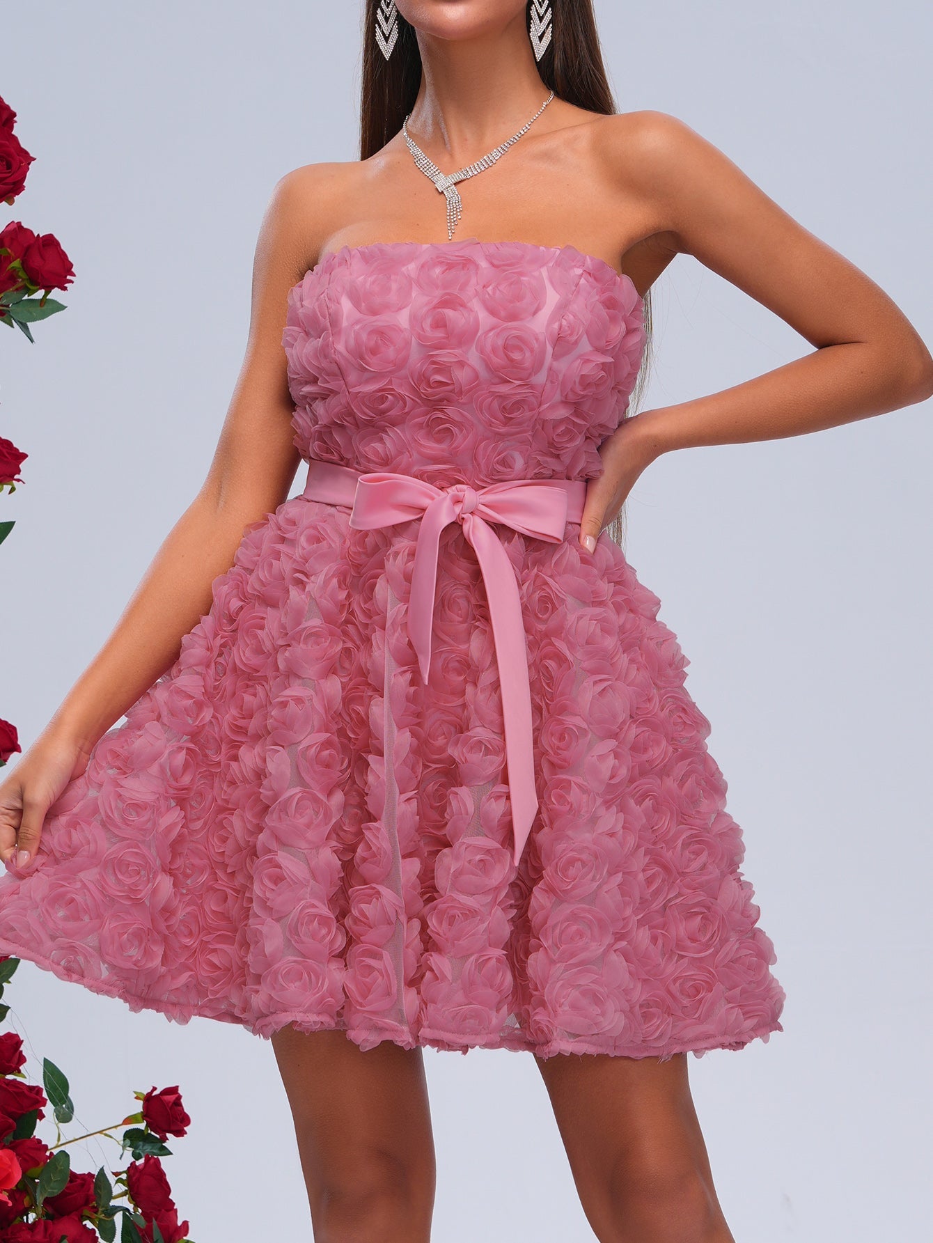 Floral Bow A-line Tulle Mini Dress RM21428