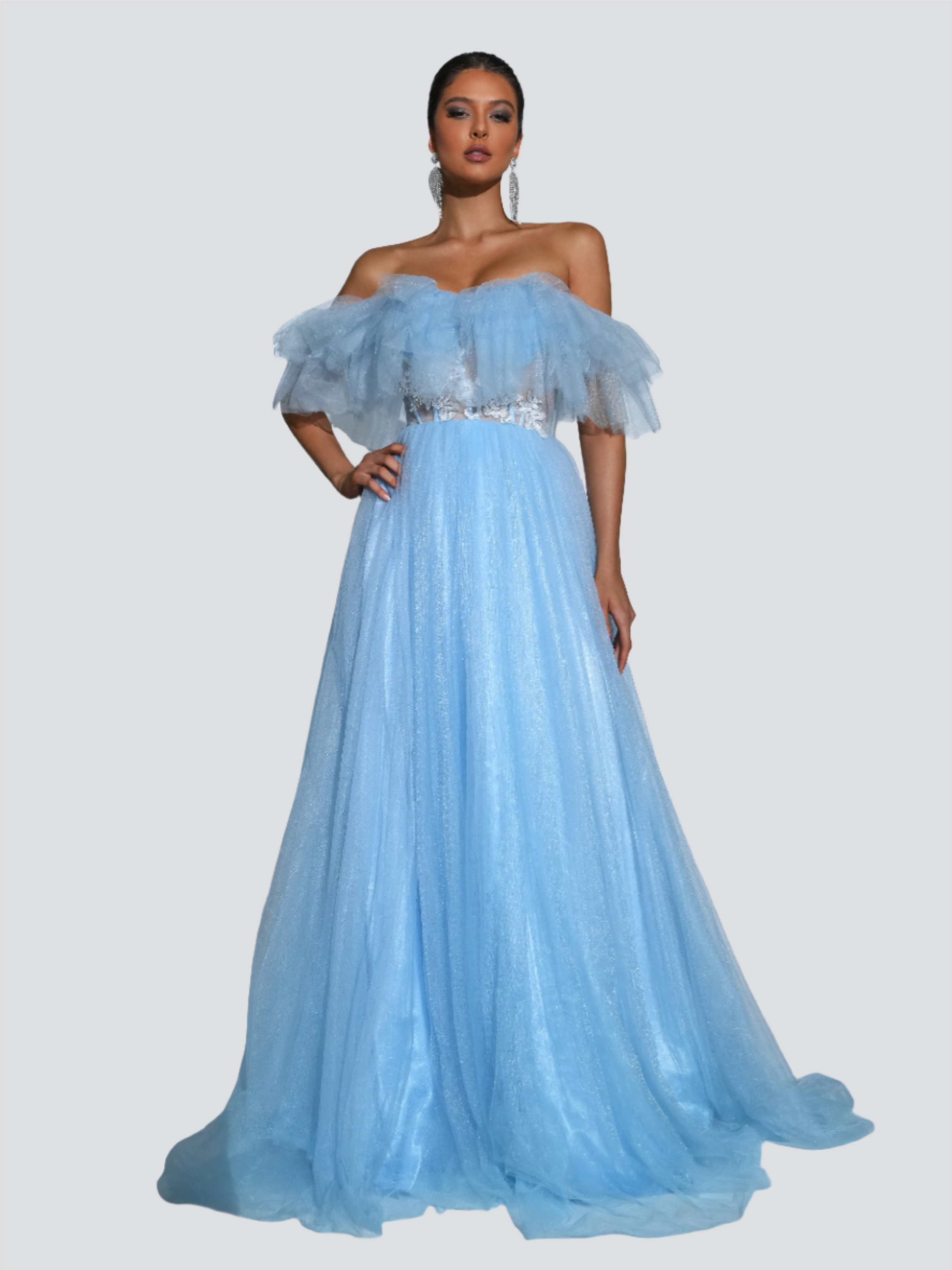 Off Shoulder Embroidered Tulle Dress GM90008