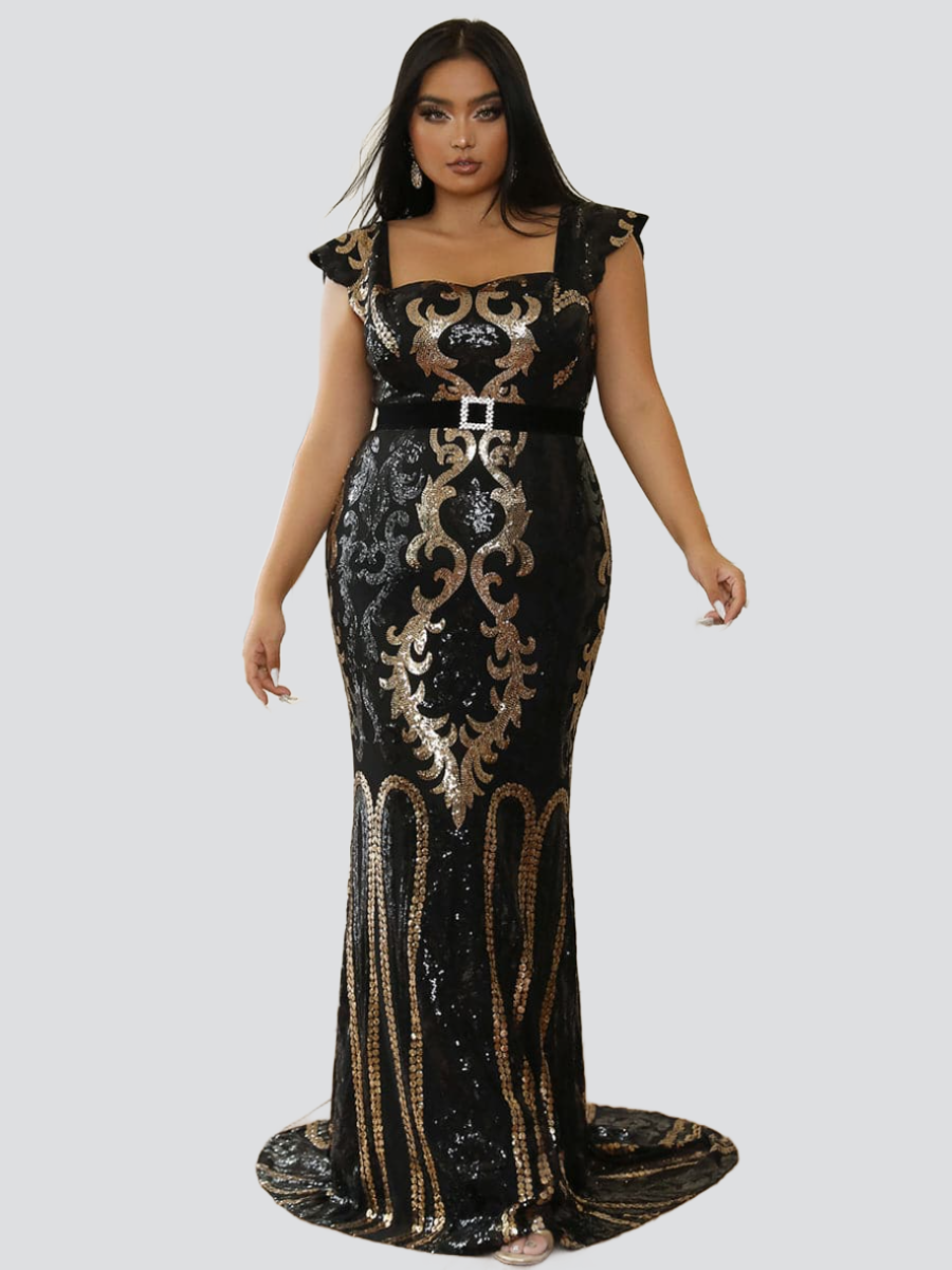 Plus Size Square Neck Sequin Evening Dress PJMY1061