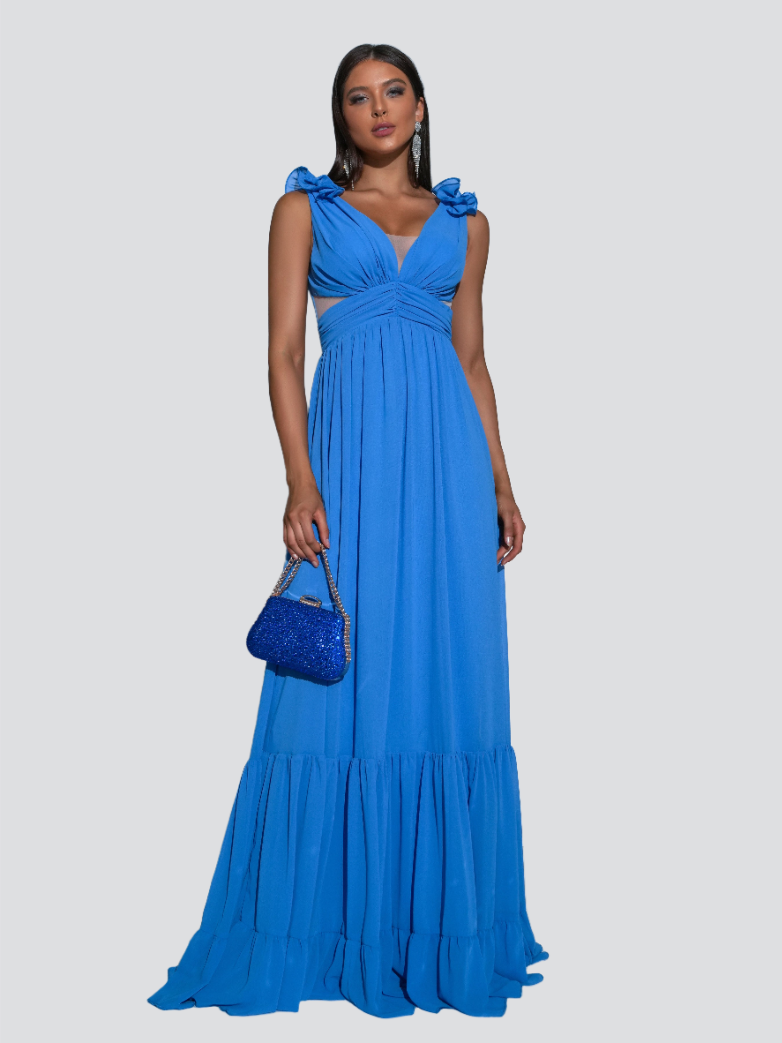 V-neck Ruched Blue Tulle Maxi Dress RM21494