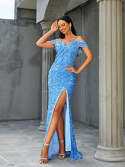 Cold Shoulder Blue Sequin Evening Dress