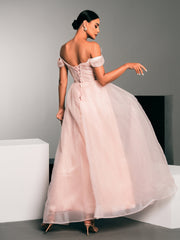 MISSORD Off Shoulder Folds Embodied Tulle Dress