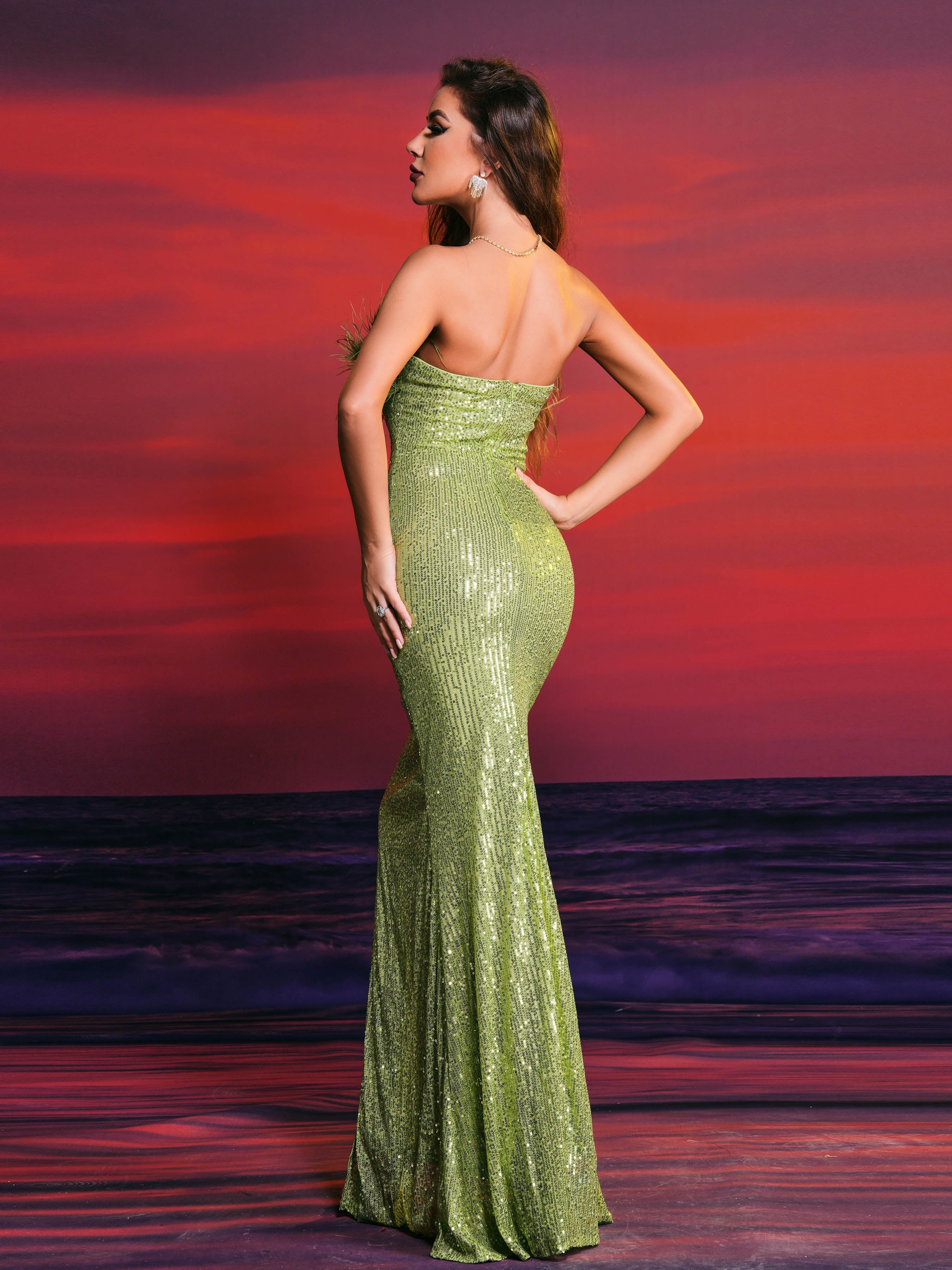 Strapless Feather Emerald Green Evening Dress RJ10035