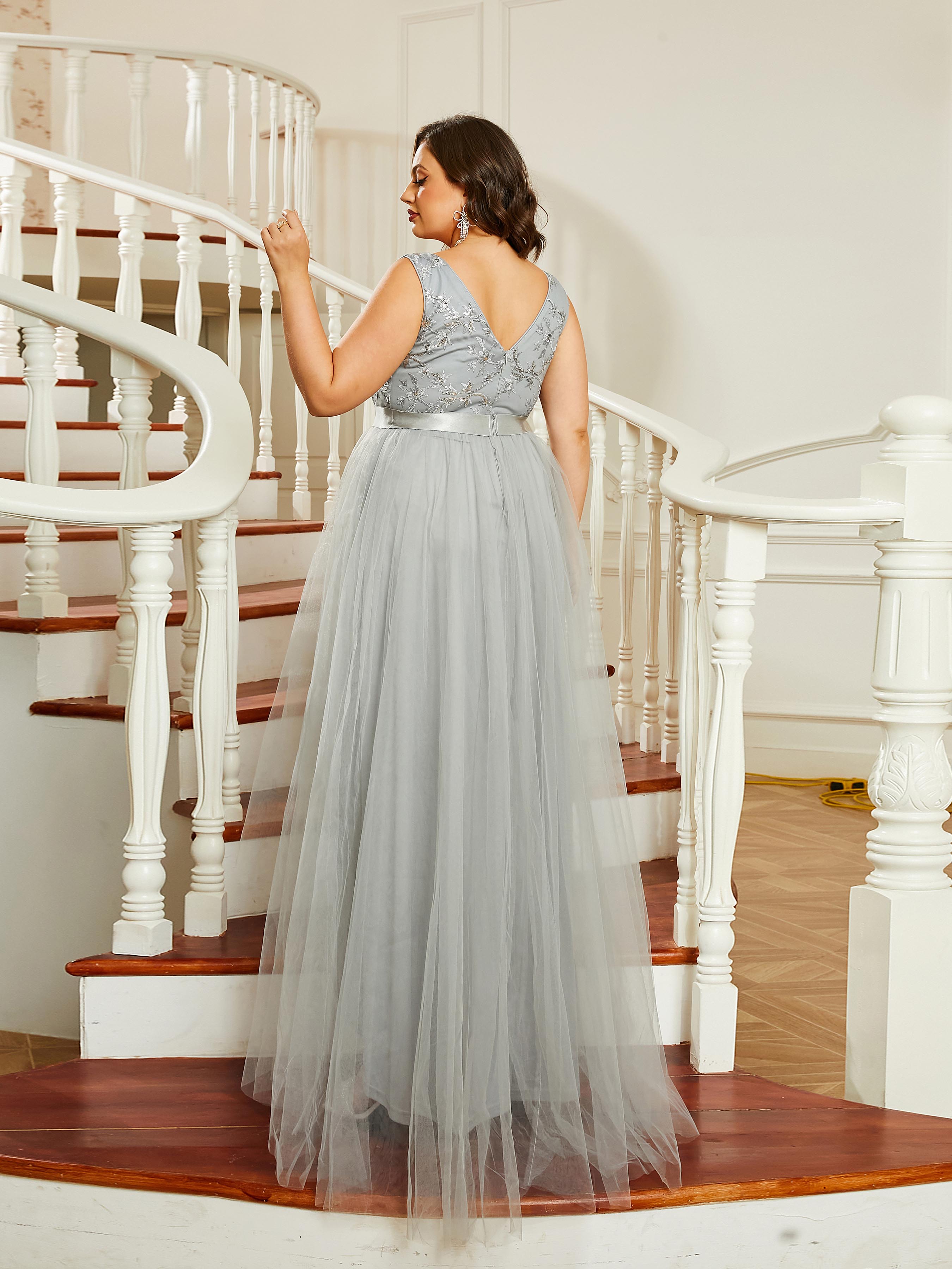 Plus Size Asymmetric V-Neck A-Line Backless Prom Dress