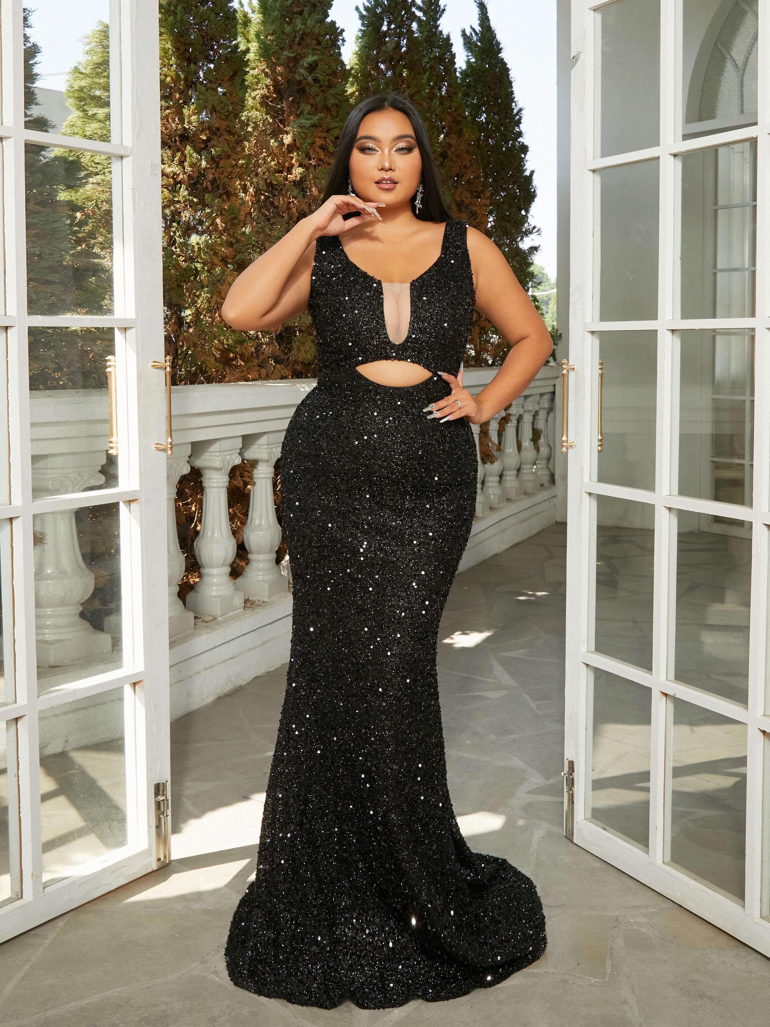 MISSORD Plus Size Cutout V-neck Mermaid Sequin Prom Dress