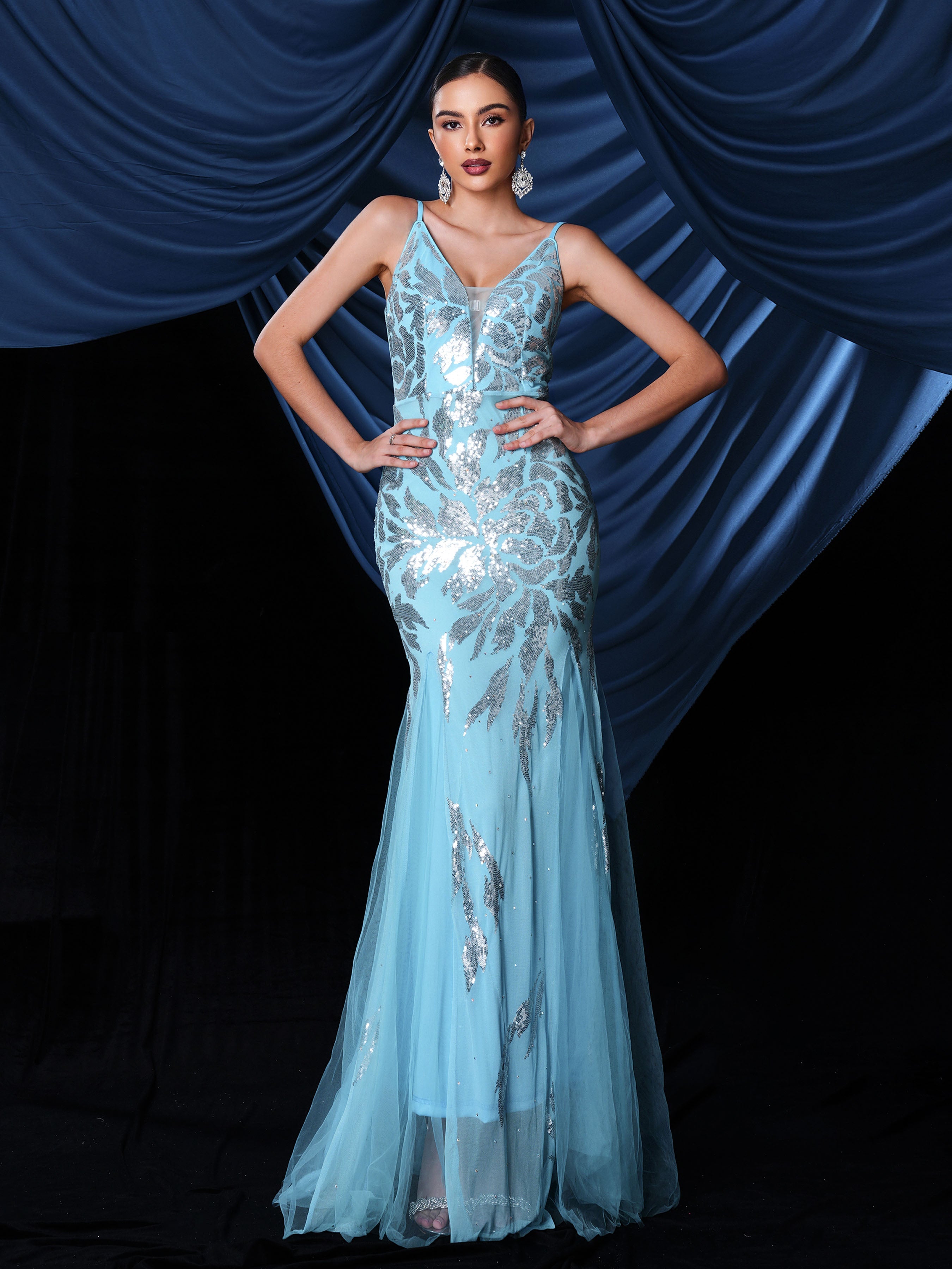 Spaghetti Strap Sequin Panel Tulle Formal Dress RM21503