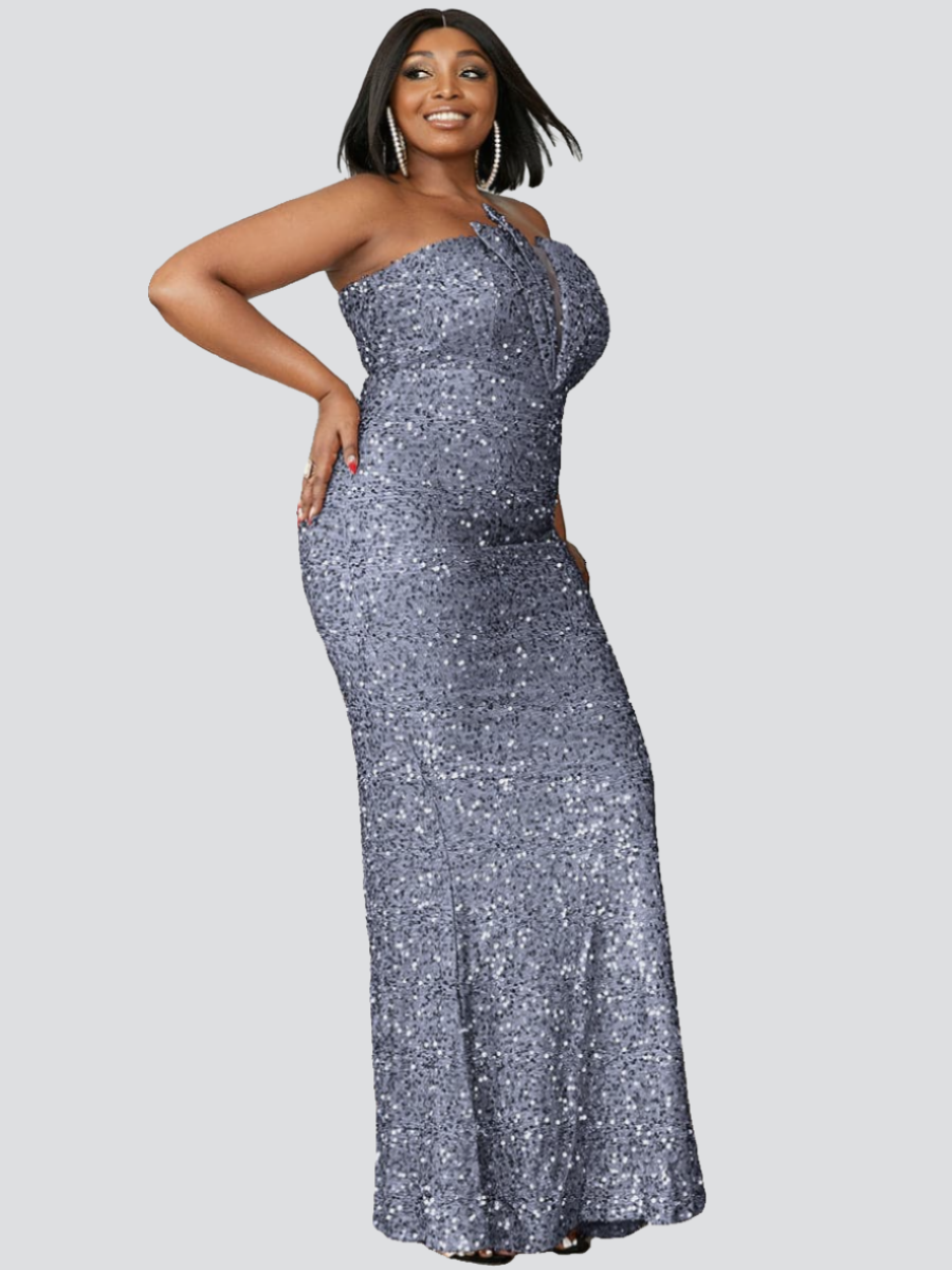 Plus Strapless Glitter Sequin Maxi Prom Dress PXJ978