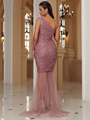 One Shoulder Mermaid Hem Pink Sequin Prom Dress WY37