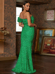 Sleeveless Off-the-Shoulder Orange Sequin Floor-Length Prom Dress XJ1735