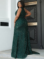 Plus Size Openwork Sleeveless Split Sequin Maxi DarkGreen Formal Dress PXH1694